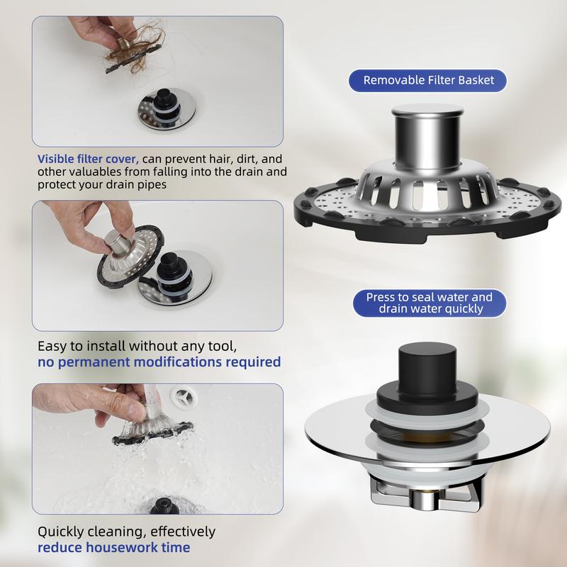 🎁🎁Universal Bathtub Drain Stopper Shower Drain Hair Catcher, Tub Stopper with Visible Top Strainer,Upgraded 3 in 1 Pop-up Drain Plug Fit for 1.5 to 2.4" Hole