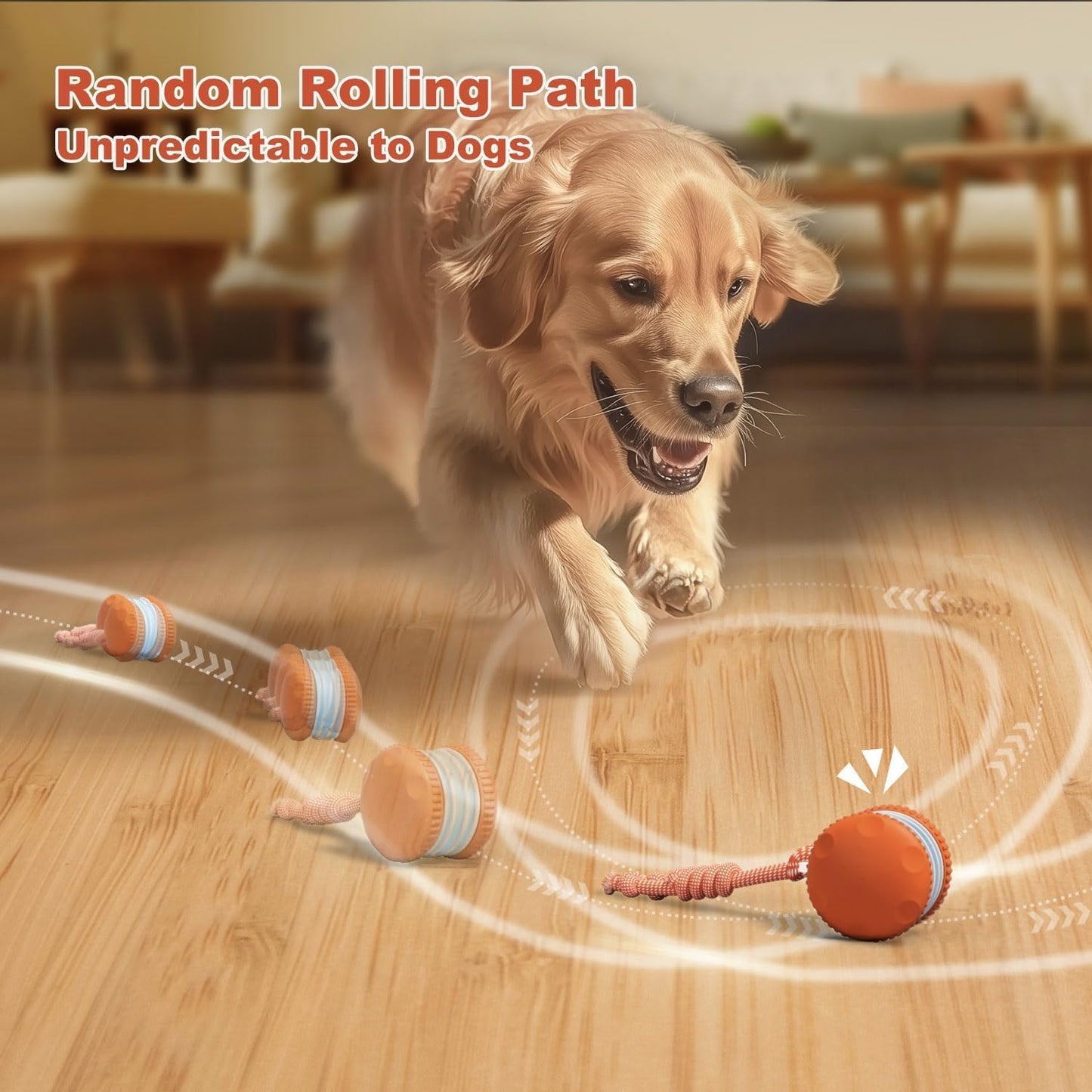 🎉Interactive Dog Toys, Random Path Electric Automatic Moving and Rolling Dogs Toy with Rope for Small Medium Large Dogs, Motion-Activated Dog Stimulation Toy for Boredom Relief (Orange)