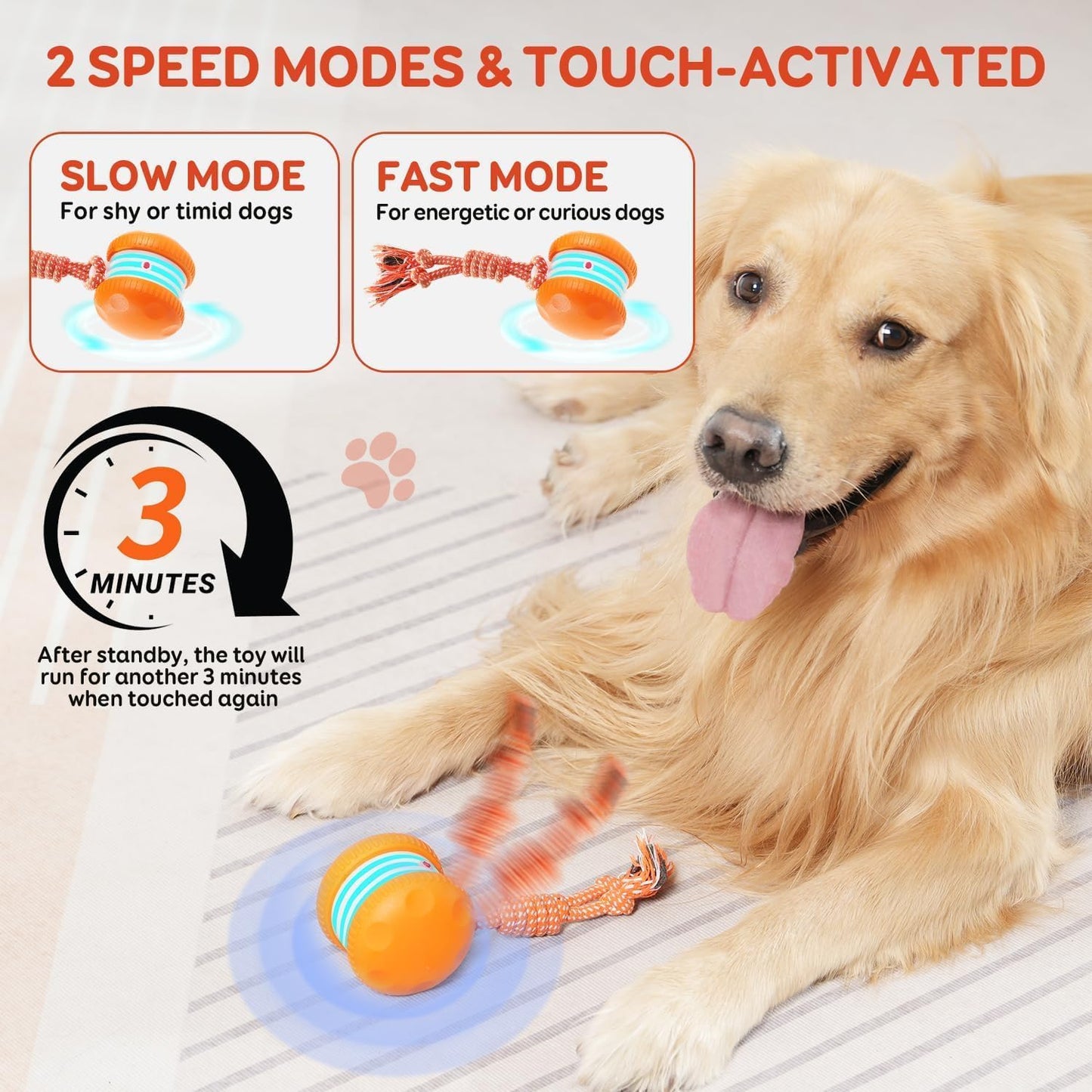 🎉Interactive Dog Toys, Random Path Electric Automatic Moving and Rolling Dogs Toy with Rope for Small Medium Large Dogs, Motion-Activated Dog Stimulation Toy for Boredom Relief (Orange)