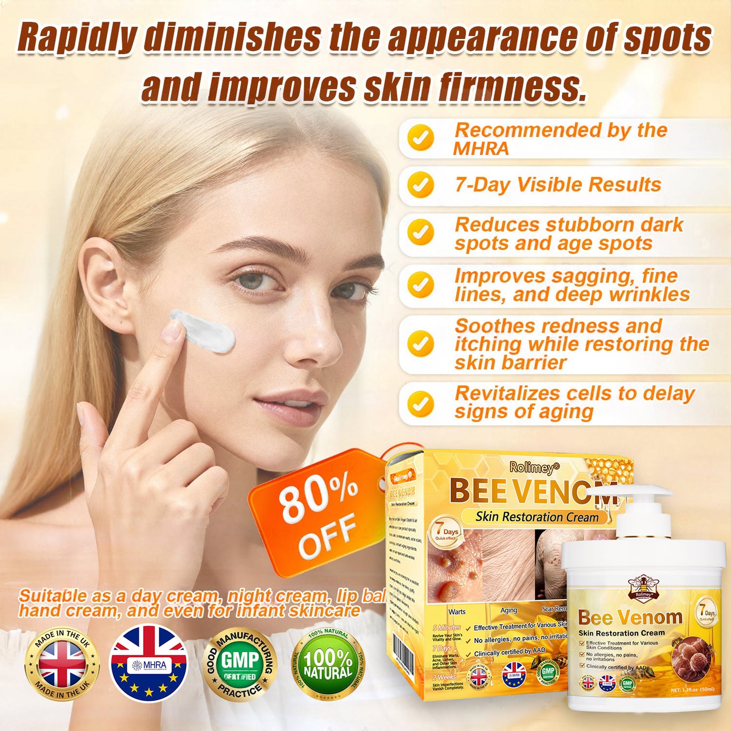 🌿👨‍⚕️Rolimey® Bee Venom Skin Restoration Cream（Anti-aging, Hydrating, Skin Repair, Even Tone, Acne and Dark Spot Treatment, Wart and Mole Removal, Psoriasis Relief)