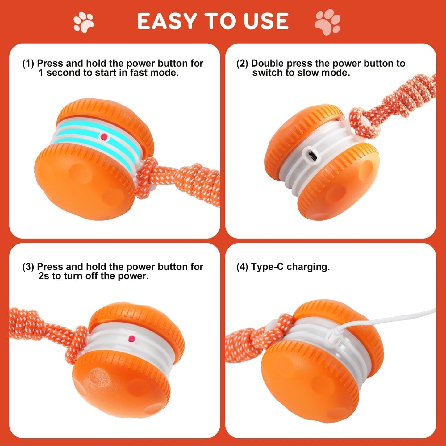 🎉Interactive Dog Toys, Random Path Electric Automatic Moving and Rolling Dogs Toy with Rope for Small Medium Large Dogs, Motion-Activated Dog Stimulation Toy for Boredom Relief (Orange)