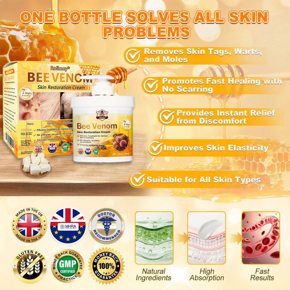🌿👨‍⚕️Rolimey® Bee Venom Skin Restoration Cream（Anti-aging, Hydrating, Skin Repair, Even Tone, Acne and Dark Spot Treatment, Wart and Mole Removal, Psoriasis Relief)