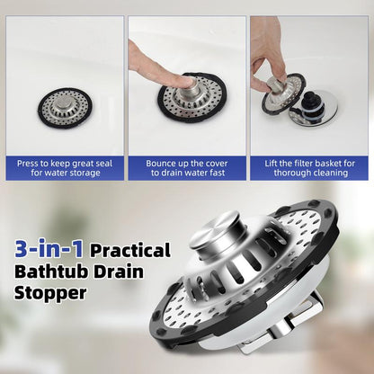 🎁🎁Universal Bathtub Drain Stopper Shower Drain Hair Catcher, Tub Stopper with Visible Top Strainer,Upgraded 3 in 1 Pop-up Drain Plug Fit for 1.5 to 2.4" Hole