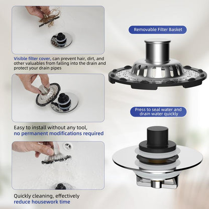 🎁🎁Universal Bathtub Drain Stopper Shower Drain Hair Catcher, Tub Stopper with Visible Top Strainer,Upgraded 3 in 1 Pop-up Drain Plug Fit for 1.5 to 2.4" Hole
